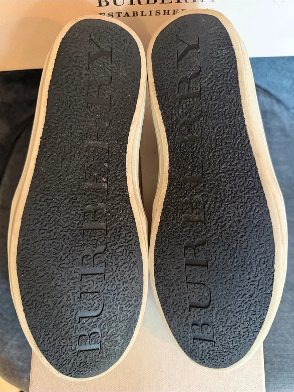 Burberry Tan & Red Canvas Slip-On Loafers